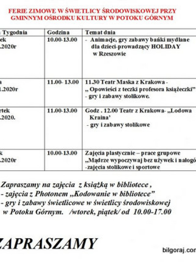 Ferie 2020. Wiemy jakie są propozycje dla dzieci i młodzieży w Powiecie Biłgorajskim