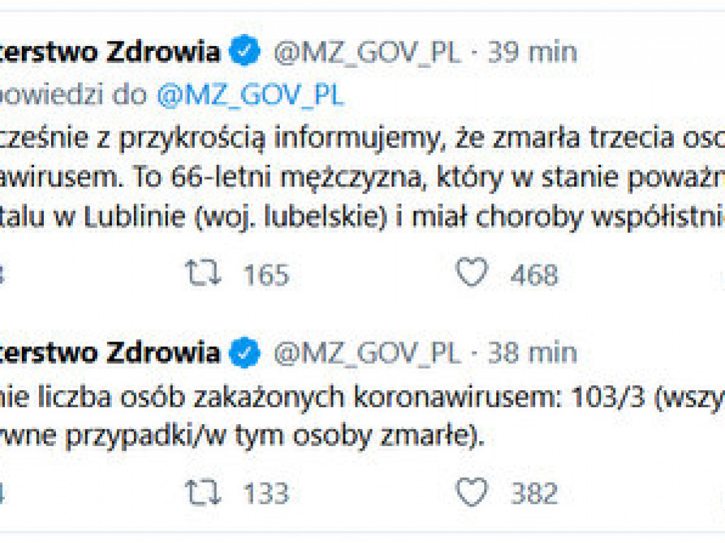96 nowych przypadków zakażenia koronawirusem, potwierdzonych pozytywnym wynikiem testów laboratoryjnych [AKTUALIZACJA 31 marca 2020 rok, godz. 20:45]
