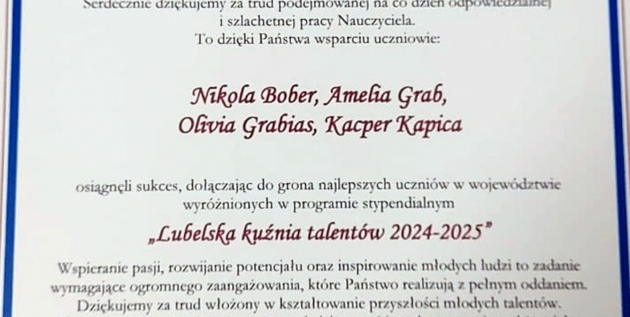 Nasi uczniowie ze stypendiami Lubelskiej kuźni talentów